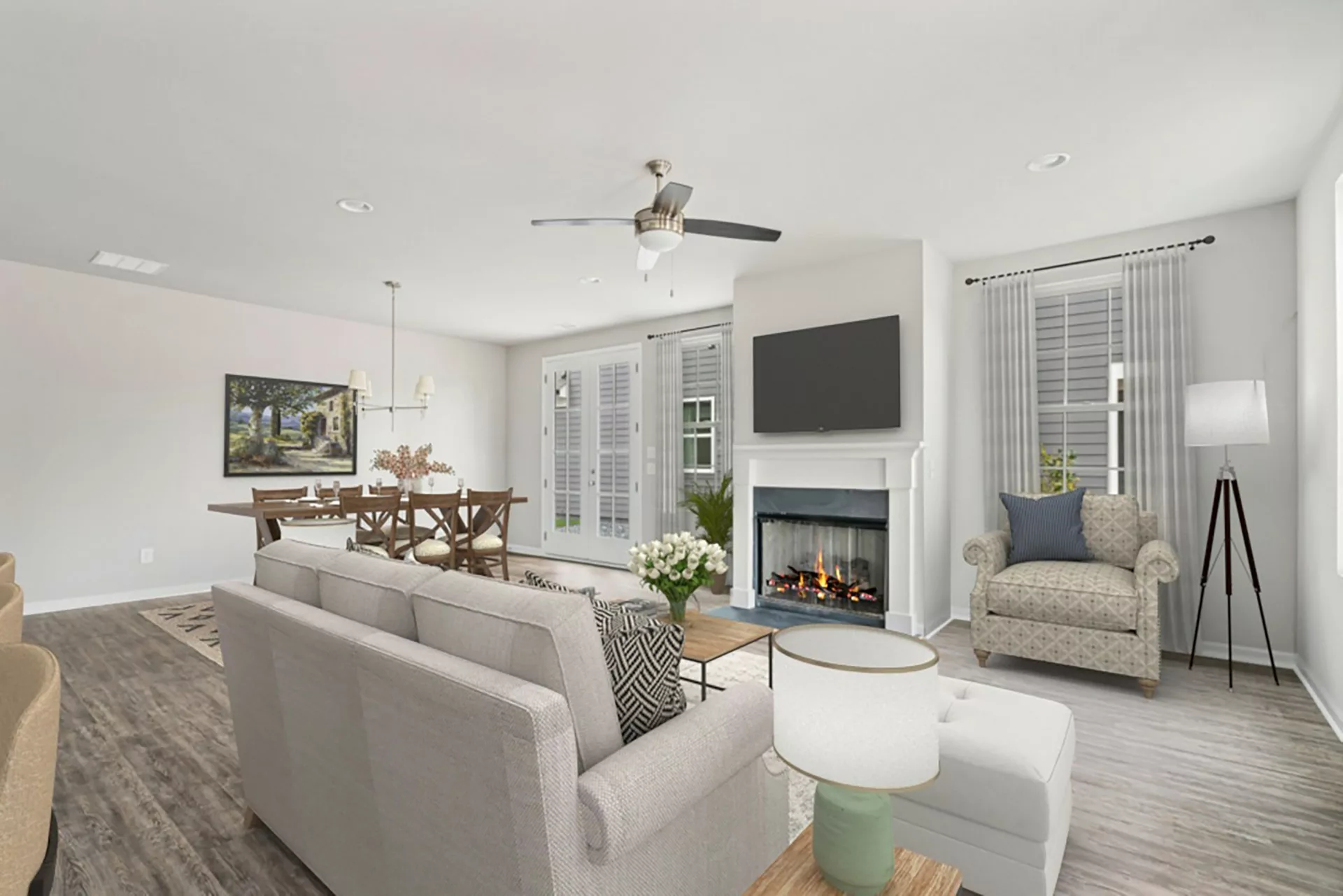 Open Living Room with Fireplace | The Heatherwood at Harmony Auburn GA